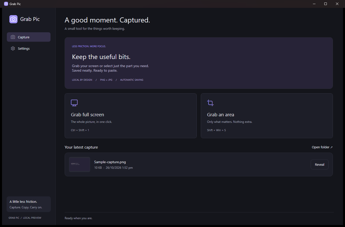Grabpic’s dark capture window with full-screen and area capture buttons and the latest saved image.