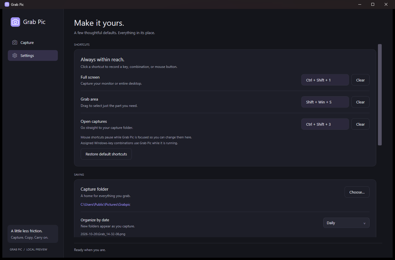 Grabpic settings showing customizable capture shortcuts.
